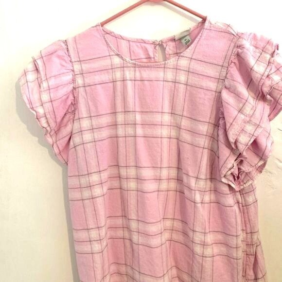 Pink Plaid Ruffle Sleeve Blouse XL By A New Day Lightweight Cotton Blend - Picture 3 of 10